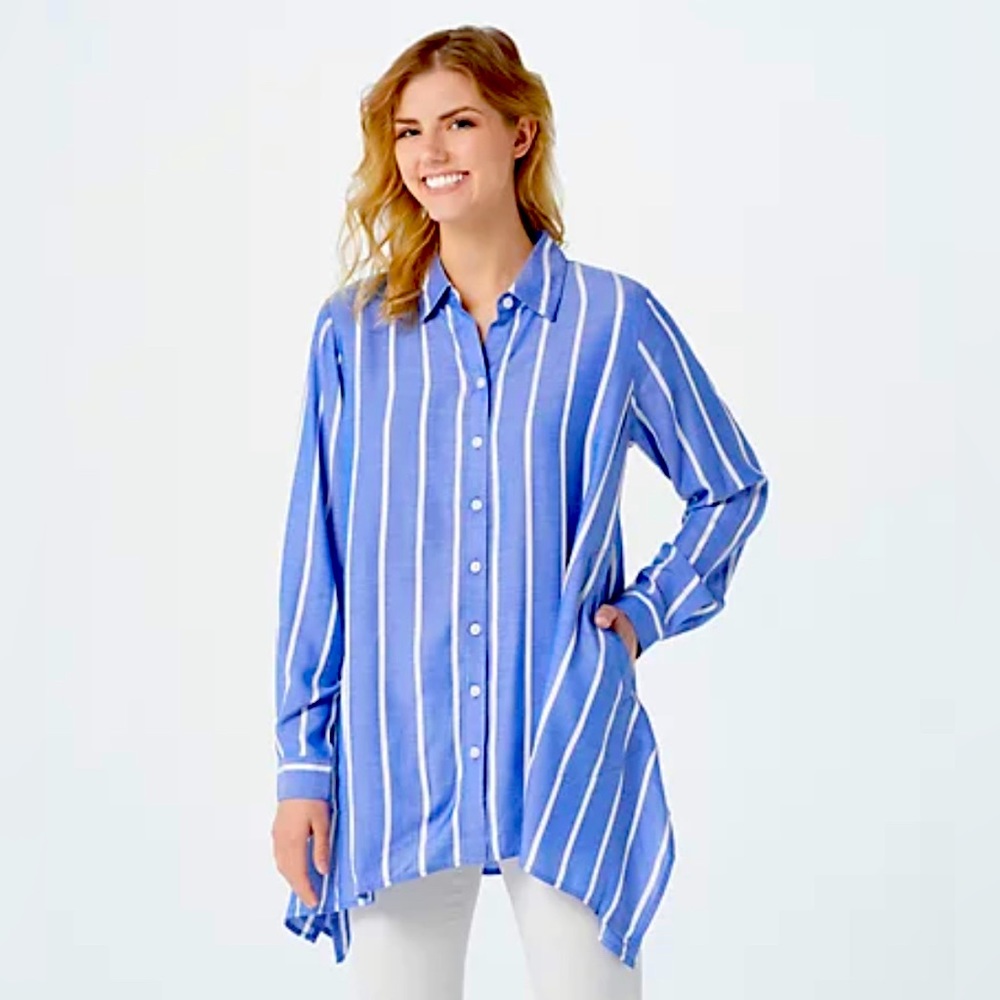 Linea by Louis Dell’Olio Blue & White Button Down Handkerchief Hem Blous…